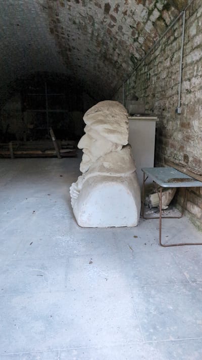 A large, unfinished, pale, plaster bust of a man with a prominent nose and beard is the central subject. The bust is positioned on a light-colored, tiled floor in what appears to be a stone-lined tunnel or arched cellar. The walls and arched ceiling are constructed of rough, light-colored stone, some of which is covered in moss or algae.
To the right of the bust is a small, light-colored metal table with a light blue top. The table has a simple, thin metal frame and appears to be slightly rusted. Underneath the table, a fragment of a similar plaster object, possibly a broken piece of another bust or sculpture, is visible. Further to the right, leaning against the wall, are some wooden planks.
In the background, to the left of the bust, are some dark shelving units and more wooden planks. The overall lighting is dim, with light sources appearing to be from the left and possibly from the entrance to the tunnel. The environment suggests an indoor storage space, workshop, or perhaps a derelict building. The location is identified as Saint-Apollinaire, France.