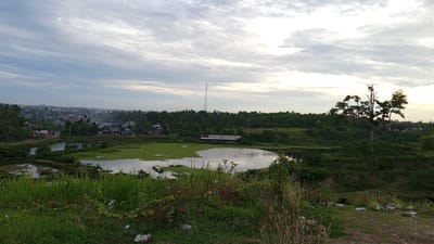 The image depicts a landscape in or near Uruekanoe, Indonesia, featuring a body of water with some algal growth, likely a pond or small lake. In the background is a scattering of houses and buildings indicative of a settled area, partially obscured by trees. A communication tower is visible further back. The foreground shows overgrown vegetation. The sky is overcast. There are no people visible in the frame. Trash is present on the ground in the foreground, near the right side. A large tree stands to the right of the body of water.