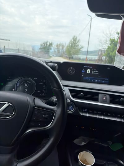 The image depicts the interior of a Lexus car, with the dashboard and steering wheel prominently visible. The car's infotainment screen displays Bluetooth audio information, showing a song titled "GALENA" by an artist labeled "Unknown." The speedometer indicates the car is traveling at 38 kilometers per hour. The gear is in Drive. A partially consumed beverage in a cup is placed in the car's cupholder. Through the windshield, a glimpse of the outside environment reveals a cloudy sky and some greenery, suggesting a location in Damianitsa, Bulgaria, although the exact street is unidentifiable from this image alone.