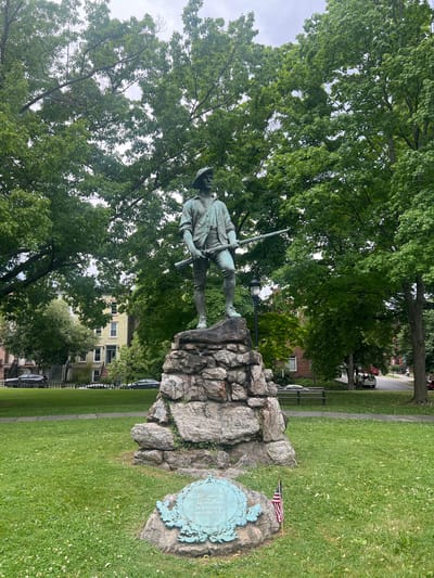 A full outdoor shot shows a bronze statue of a colonial soldier standing atop a rock formation with a plaque and an American flag, all set on a grassy lawn under green trees. The statue depicts a man in a colonial uniform holding a rifle, his expression stern. He stands on a pile of rocks, which is an integral part of the monument. To the right of the rock formation is a smaller rock with a bronze plaque mounted on it. An American flag stands to the side of the plaque. The lawn surrounding the statue is green and dotted with small white flowers. In the background, residential buildings and parked cars are visible, indicating an urban setting. The presence of the statue suggests a memorial or commemorative site, likely in a park or public space. The image's location is in the city of Town of New Windsor, United States of America.
