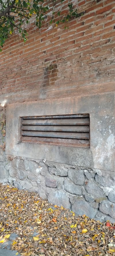 A ground-level view oriented sideways shows a rectangular metal grate set into a concrete frame in Tres de Mayo, Mexico. To the left of the concrete is a brick wall with moss growth, and to the right is a stone wall bordered by a thick layer of fallen leaves. A small green tree is at the lower-left corner of the image. The grate's bars run vertically within the frame.
