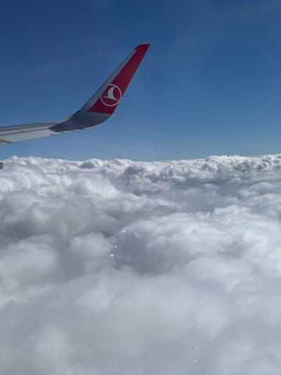 A view from an airplane window shows a red and white Turkish Airlines vertical stabilizer winglet against a blue sky. The winglet is positioned on the left side of the frame. To the right is a dense bank of clouds, possibly a cumulonimbus formation. The photo appears to have been taken at high altitude. There is no verifiable information in this image to indicate the city of Obrenovac Urban Municipality, Serbia.