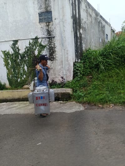 In Sindangasih, Indonesia, a male street vendor walks rightward on a paved asphalt road, carrying a metallic food cart via a wooden pole balanced across his shoulders. The vendor wears a blue short-sleeved shirt and a dark baseball cap, with his head turned slightly to the right. The mobile cart features a central rectangular unit with a domed lid, displaying "BABO CUANKI" in red capital letters on its front, and is flanked by two smaller cylindrical containers. The unit is mounted on small wheels. The background consists of a weathered, light-colored building wall exhibiting prominent dark vertical staining and partially covered by green climbing vines on the left. A small, rectangular glass block window is visible on the upper left section of this wall. A white vertical pipe runs along the wall. To the right of the scene, dense green vegetation and tall grasses grow along the roadside, bordering a concrete curb.