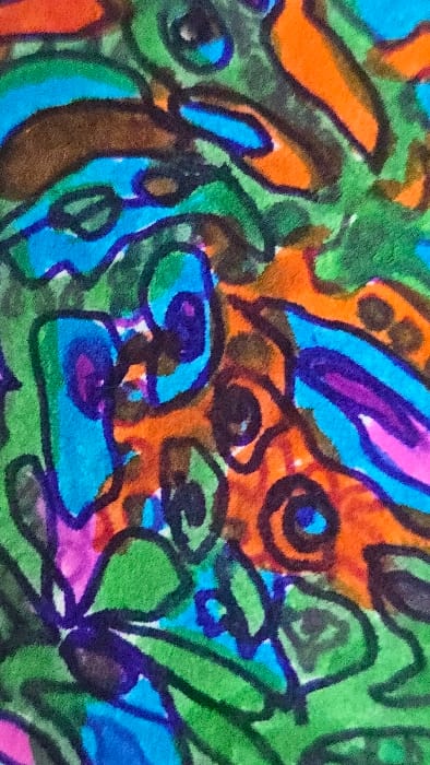 This image is a close-up, forensic capture of a colorful abstract artwork, located in Lompoc, United States. The artwork consists of a dense, non-representational pattern of interlocking, curvilinear shapes. Each shape is delineated by a prominent black outline. The color palette within these outlines includes vivid green, orange, light blue, dark blue, purple, pink, and brown. The visible surface texture suggests a fibrous material, such as paper, showing evidence consistent with marker or felt-tip pen application. No human subjects, recognizable objects, discernible actions, or external environmental elements are depicted; the entire frame is filled by the abstract pattern.