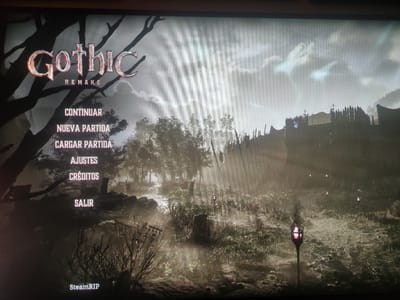 This image is a screenshot of the main menu of the video game "Gothic Remake". The game's title is prominently displayed in a stylized font at the top left of the screen. Below the title, there is a list of menu options in Spanish: "Continuar" (Continue), "Nueva Partida" (New Game), "Cargar Partida" (Load Game), "Ajustes" (Settings), "Créditos" (Credits), and "Salir" (Exit). In the bottom left corner, the text "SteamRIP" is visible.
The background of the menu features a dark, atmospheric landscape with a stormy sky. Silhouetted trees frame the left side of the image, and a fortified settlement or camp is visible in the distance on the right. Several torches with flickering flames are scattered across the ground, illuminating the scene with a dim, reddish glow. The overall aesthetic suggests a fantasy or medieval setting, common in role-playing games.
There is no information in the image that would allow for any determination of its location in the city of Figueres, Spain, or any other specific geographical location. The image is solely a representation of a video game interface. There are no people or discernible actions or interactions depicted.