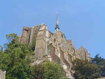 The image shows a low-angle, wide shot of the Mont-Saint-Michel Abbey, a medieval Roman Catholic monastery in Le Mont-Saint-Michel, France, against a clear blue sky. The ancient stone structure, with its various towers, buttresses, and arched windows, dominates the frame. Lush green trees and vegetation grow on the rocky slopes surrounding the abbey, partially obscuring the lower sections of the walls. A slender spire topped with a golden statue rises from the abbey's center, pointing towards the sky. The stone walls of the abbey appear weathered, with some sections showing signs of age and repair. The sun is shining, casting shadows and highlighting the textures of the stone and foliage. The scene is one of imposing historical architecture nestled within a natural landscape.