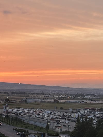 The image shows a vast outdoor parking lot filled with numerous white cars, likely a car dealership or a storage facility, situated in Rustavi, Georgia. The cars are neatly arranged in rows, stretching into the distance. The scene suggests a commercial or industrial setting.
The sky is filled with a warm, gradient of orange and pink hues, indicative of either a sunrise or sunset. Wispy clouds are visible, contributing to the atmospheric effect. The lighting suggests it's either early morning or late evening.
The overall impression is one of a quiet, expansive scene, dominated by the parked vehicles and the dramatic sky. There are no people visible in the frame, and the focus is on the objects and the natural environment. The location is hinted at by the geographical context provided. No text is discernible in the image.