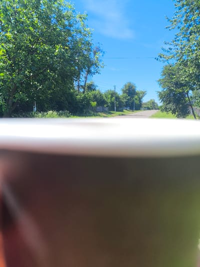 This is a medium-shot, eye-level photograph taken on a sunny day. The scene depicts a rural road in Anastasivka, Ukraine. The road stretches into the distance, bordered by lush green trees on both sides. The trees are full of leaves, suggesting it is likely summer or late spring. A few small buildings and wooden fences are visible along the roadside, adding to the rural atmosphere. The sky is a clear, bright blue with a few wispy white clouds. The lighting indicates it is daytime, likely mid-morning or early afternoon. The foreground of the image is blurred and out of focus, with a large, out-of-focus object or surface dominating the bottom half of the frame, possibly a part of the camera or a foreground object the photo was taken from behind. No people or specific activities are visible, lending the image a tranquil and slightly solitary feel. There is no visible text in the image.
