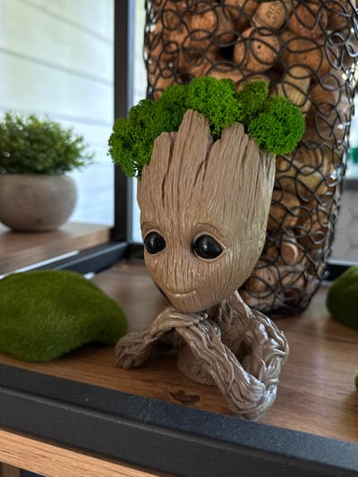 The image displays an indoor scene featuring a collection of decorative objects arranged on a wooden surface, likely a shelf or table. The central subject is a figurine resembling Groot from Marvel's Guardians of the Galaxy, crafted to mimic textured wood with vibrant green, artificial moss on its head. The figurine has distinctive black, glossy eyes.

To the left of the Groot figurine, a wire mesh basket is filled with numerous wine corks, varying in shade from light to dark brown. Partially visible text on one of the corks includes "VILLA" and "RIM". Further to the left and slightly out of focus, a small potted plant with green foliage can be seen, alongside a smooth, light-colored object, possibly a stone or another decorative item.

To the right of the Groot figurine, a softer, irregular green, moss-like object rests on the wooden surface. A dark grey or black structural element, possibly part of the shelf or furniture, is visible in the foreground on the right. The background features a brightly lit, blurred area, suggesting a window or light source, with white curtains or blinds.

The overall lighting indicates a daytime setting. No specific activity is taking place; the image captures a still arrangement of decorative items. The provided location context is Ozernoe, Russia, though no specific visual cues within the image confirm this. The original image is oriented vertically, with the scene components appearing sideways.