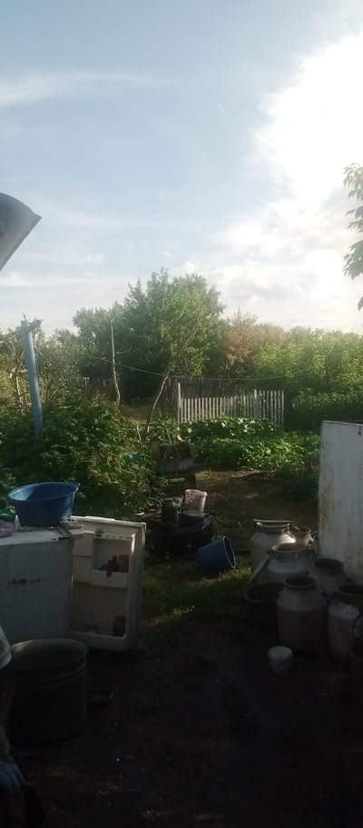 This media file depicts a cluttered backyard scene in an outdoor setting, likely a rural or dacha area. The foreground is dominated by a collection of objects, including an open, light-colored refrigerator with items visible inside, a large blue basin on top of it, and several large, metallic milk cans or containers. To the left, a dark green barrel is visible. The ground is unpaved and appears to be dirt or gravel.

In the mid-ground, there is lush green vegetation, suggesting a garden or overgrown area. A white picket fence separates this area from further greenery and trees in the background. A light-colored, possibly wooden, structure is partially visible on the far right, and a blue pole is present on the left side of the frame. Various smaller objects, including buckets and jars, are scattered throughout the scene.

The sky is bright with scattered clouds, indicating it is daytime, likely late afternoon or early evening given the soft lighting and shadows. The overall impression is one of a working, somewhat unkempt yard, possibly associated with a homestead or agricultural activity. There is no visible text in the image. The scene evokes a sense of a lived-in, functional space rather than a curated or decorative one.