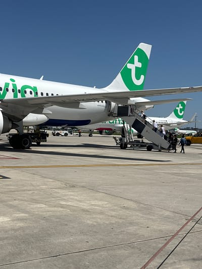 The image shows several aircraft parked at what appears to be an airport apron, potentially at Orly Airport near Paray-Vieille-Poste, France. The aircraft are primarily white with green tail markings, likely indicating the airline Transavia. Passengers are disembarking from one of the planes via a mobile stairway. The surrounding environment consists of the airport apron, with visible painted ground markings and tarmac. The sky is clear and blue. People are walking on the stairway and appear to be engaging in the action of getting off the airplane. The main subjects are the airplanes and the process of passenger disembarkation.