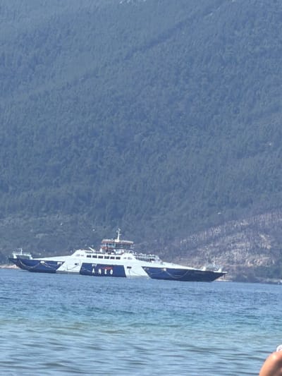 A wide shot captures a large white ferry with blue accents navigating a calm body of water. The ferry displays the text "ANEO" in large blue letters on its side. In the background, a densely forested, green mountainside rises steeply. The sky above is a light blue. The foreground features the rippling surface of the water, with a hint of a beach or shoreline on the right edge, where a person's arm is partially visible. The scene is set near the city of Thassos, Greece.
