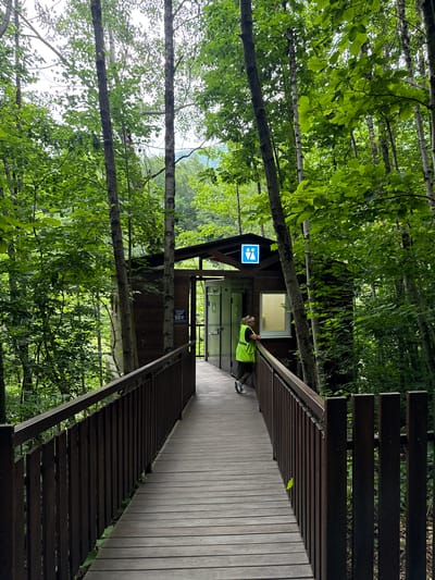 The image depicts a boardwalk leading to a small, dark wooden building nestled among lush green trees. The boardwalk itself is constructed of dark wooden planks and has a wooden railing. A person wearing a bright yellow vest is leaning against the railing, facing the building. The building has a white window with horizontal blinds and a blue sign with two figures, indicating a restroom. The scene appears to be set in a natural, wooded environment, possibly a park or hiking trail, given the dense foliage and trees. The lighting suggests it is daytime, with overcast skies contributing to a diffused light. The overall atmosphere is serene and natural, with the vibrant green of the leaves contrasting with the dark wood of the boardwalk and building. The location context provided is Guamka, Russia.