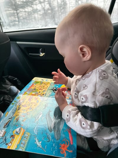 An infant is depicted seated in a vehicle, secured in a car seat. The subject, with light blonde hair, is viewed from the rear-right quarter, facing downwards, engaged with a large, open picture book. The infant wears a white, quilted long-sleeved garment adorned with light brown bear patterns. A black seatbelt harness strap is visible across the infant's chest area.

The book, open to a two-page spread, displays a colorful, laminated illustration. The upper half of the visible pages depicts a terrestrial scene with various cartoon figures and structures, while the lower half illustrates an underwater environment featuring diverse marine life, including whales, sharks, squid, octopi, and a yellow submarine. The infant's left hand is positioned near the upper-left of the book, with fingers curled. The right hand is placed on the lower-right section of the book, appearing to manipulate a small, dark object on the page.

The vehicle's interior is visible, showing a dark-colored door panel with a chrome-accented door handle on the left. Through the car window, a blurred, wintry outdoor scene is visible, characterized by bare trees and what appears to be a snow-covered ground or overcast sky. A dark bag or fabric item and a light-colored sock are partially visible on the seat to the left of the infant.

This scene is situated within a vehicle located in the city of Abdes-Urdes, Russia.