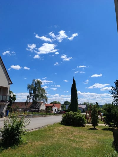 The image depicts a sunny day in the village of Dobev, Czechia. A residential street is visible, with houses on either side and a clear blue sky with scattered white clouds above. In the foreground, a grassy area with a small bush and a playground structure can be seen. The playground features wooden climbing elements and swings. A tall, slender evergreen tree stands prominently in the middle ground, next to a house with a red roof. Further down the street, more houses and trees are visible, along with a parked car and a red tractor. The overall scene suggests a peaceful, rural setting.