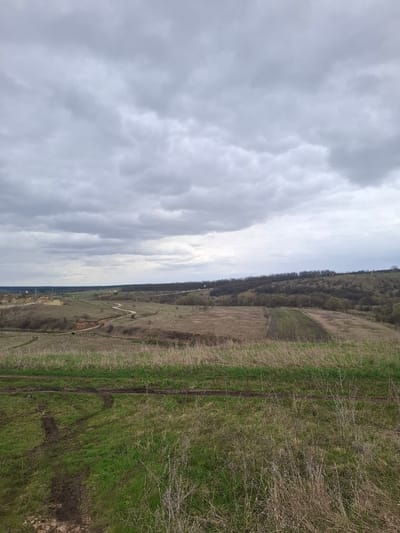The image displays a wide, overcast rural landscape in Yablonovo, Russia. The upper half of the frame is filled with a dense, grey and white cloudy sky, indicating an overcast or possibly pre-stormy day. The clouds have varied textures, ranging from flat grey to more ruffled, cumulus-like formations.

The lower half of the image depicts the expansive terrain. In the foreground and midground, fields stretch out with a mix of green grass and patches of dry, brown vegetation. A prominent, dark dirt track or path runs horizontally across the midground, showing signs of mud, which suggests recent rain or thaw. This track continues further into the distance, appearing less defined. To the left and further back, the land consists of flatter, predominantly light brown fields, possibly dormant agricultural land or natural meadows. Along the far horizon, a dark, forested hill or ridge stretches, covered with trees that appear bare or sparsely leaved, typical of early spring or late autumn.

No people or specific activities are visible in the scene. The overall impression is one of natural serenity and open space, under a muted sky. There is no visible text in the image.
