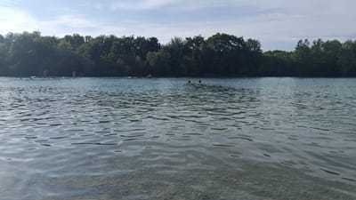 The image depicts a tranquil lake scene with a line of lush green trees forming the backdrop. The sky above is partly cloudy, suggesting a pleasant day. The water's surface is gently rippled, reflecting the sky and the surrounding trees. In the foreground, the shallow water reveals a bed of pebbles.

Several individuals are enjoying the lake. Two people are visible on paddleboards near the left side of the frame, with one person standing and the other possibly in a seated position. Further out on the water, two heads are visible, indicating people swimming. Another person appears to be lying on a raft or similar object in the distance.

The activity taking place is recreational, with people paddleboarding and swimming, indicative of a summer day spent enjoying the water. The lighting suggests it is daytime, likely late morning or afternoon, given the brightness and the shadows cast by the trees. The overall atmosphere appears relaxed and leisurely. There is no visible text in the image. The location context provided is Sankt Pölten, Austria, which aligns with the presence of a lake and natural scenery suitable for recreation.
