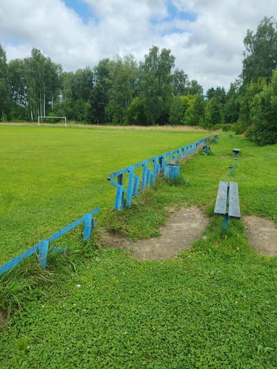 The image shows an outdoor scene at what appears to be a sports field or park. In the foreground, a weathered blue wooden fence is visible, some sections of which are broken. To the right of the fence, there is a wooden bench also painted blue, situated on a patch of grass. Beyond the fence and bench, the scene opens up to a large, green grassy field, likely a soccer field, with a white goalpost visible in the distance. The background is filled with a dense line of various trees, predominantly birch and other deciduous species, under a cloudy sky. The location is identified as Drezna, Russia. There are no people visible in the image. The overall impression is one of a somewhat neglected, rural sports facility.