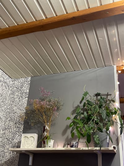 The image depicts an indoor scene with a shelf containing several decorative items and plants. The shelf is positioned against a grey wall, which is adjacent to a wall covered in black and white floral wallpaper. Above the shelf, a wooden beam runs across a white, slatted ceiling.
On the shelf, from left to right, there is a white heart-shaped shadow box with an engraved design, a small white planter with a spider plant, and a vase containing dried flowers with small purple and yellow blooms. To the right of the dried flowers is a potted plant with large, dark green, heart-shaped leaves, likely a philodendron, which is trained on a wooden trellis. Behind the plants, a string of fairy lights is visible, casting a warm glow. Two small framed photographs are placed in front of the potted plant. A digital thermometer is visible on the far right side of the shelf, displaying the time "16:37".
The overall impression is a decorated shelf in a room, possibly a living area or a sunroom, with natural light filtering in from an unseen source. There are no people visible in the image. The location is not specified in the image itself.