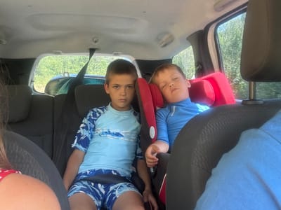 The image shows two young boys in the back seat of a car. The boy on the left is sleeping and wearing a blue rash guard with the brand name "TAGARD" visible. He is sitting in a red car seat. The boy on the right is awake and looking at the camera. He is wearing a light blue t-shirt with a blue and white patterned design. Both boys are wearing swim trunks. The car appears to be stationary, and the sun is shining brightly through the windows, indicating it is daytime. The background visible through the windows is lush and green, suggesting a rural or suburban location with trees and foliage. The overall mood appears to be relaxed, possibly during a family outing or vacation. The image is taken from an unusual perspective, upside down, which might be due to the camera's orientation. The scene is set within the interior of a car, looking towards the back seat and windows. There is a glimpse of another person's arm wearing a red and white patterned item of clothing at the very top right of the image, suggesting a parent or guardian is present.