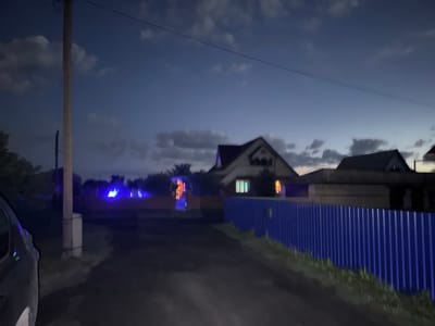 This media file depicts a suburban street scene at dusk in Rodino, Russia. The image is dominated by a clear, deep blue sky with scattered clouds, indicative of twilight. A gravel road leads the eye into the frame, bordered by a bright blue corrugated metal fence on the right.
Several houses are visible, with one prominently featuring a peaked roof and illuminated windows showing warm light. Another house to the right has a flatter roofline. Decorative lights, appearing as bright blue and orange/yellow streaks, are strung along the front of one property, suggesting a festive or celebratory atmosphere.
On the left side of the road, a utility pole stands tall with wires extending across the frame. The front portion of a dark-colored vehicle is visible in the lower left corner, hinting at the perspective of someone observing the scene from their car. The overall mood is quiet and peaceful, with the artificial lights adding a touch of vibrancy to the darkening landscape. The location context confirms this as a residential area in Russia. No visible text is present in the image.