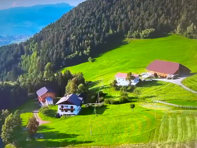 The image presents a rural landscape. Lush green fields dominate the foreground, dotted with several buildings including houses and a barn. The buildings exhibit traditional architectural styles. A dense forest covers the hillside in the background. The tops of a city are visible in the far distance. The location does not appear to be in Basingstoke and Deane, United Kingdom.