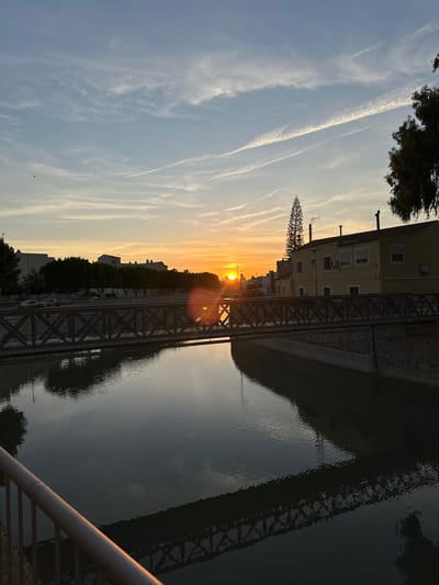 A photograph depicts a sunset in Rojales, Spain. The setting sun is visible between buildings in the distance, with its light reflecting off the river below. A metal bridge spans the river, its structure reflected in the water. The sky is filled with clouds, and contrails are visible. There are buildings on either side of the river, with trees and vegetation scattered throughout the scene. A handrail is visible in the bottom right corner of the frame.