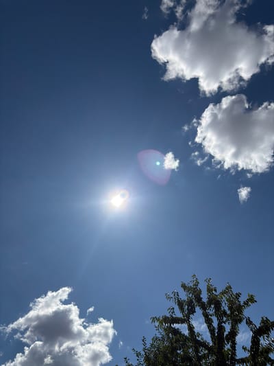 A bright sun shines in a clear blue sky over Oxentea, Moldova, with a few white clouds scattered throughout. The sun's rays cause a lens flare, creating a rainbow-like effect. In the lower right corner of the image, the dark green leaves of a tree are visible against the sky.
