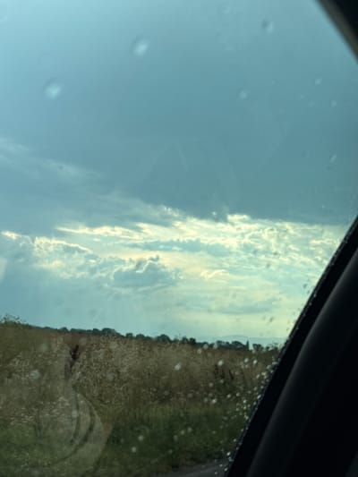 A perspective from inside a vehicle looking out through a window at a rural landscape under a cloudy sky. The sky is a pale blue with streaks of light breaking through the clouds, suggesting either dawn or dusk. The clouds are textured and appear to be moving. In the foreground, a field of tall grass and some green vegetation stretches towards a treeline in the distance. The window has several water droplets, indicating it may be raining or has recently rained. A portion of the vehicle's interior, likely a window frame, is visible on the right side of the image, appearing dark and curved. The scene is tranquil and suggestive of a journey through the countryside. The location is specified as Krushare, Bulgaria.