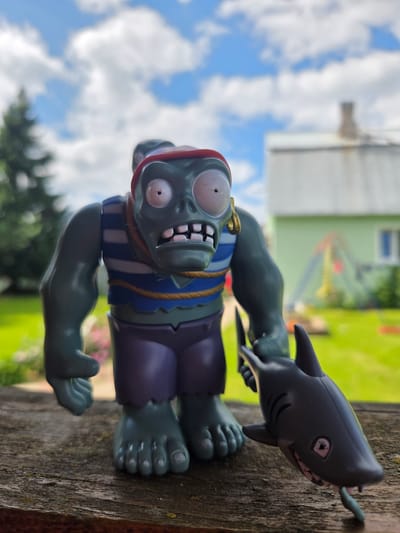 This is a close-up, vertically oriented photograph of a toy pirate zombie from the video game series "Plants vs. Zombies." The zombie character is predominantly green-skinned with exaggerated features, including bulging white eyes and a grinning mouth with visible teeth and a protruding red tongue. It wears a red and blue striped shirt with torn purple pants, and a gold hoop earring is visible in its left ear.

Attached to the zombie's right arm is a black toy shark with its mouth open, appearing to be biting or attacking the zombie. The shark has pink inside its mouth and pink accents around its eyes.

The toy is positioned on a rough wooden surface, which appears to be a fence post or railing, with the background blurred. Behind the toy, there is a bright green lawn with some blurred pink flowers, a light green building, and a blue sky with white clouds. The lighting suggests it is daytime, likely a sunny day. The scene is set outdoors, with the blurred elements indicating a backyard or garden environment. The image's composition and the toy itself suggest a playful or humorous scene. No visible text is present in the image. The location is Frolovo, Russia.