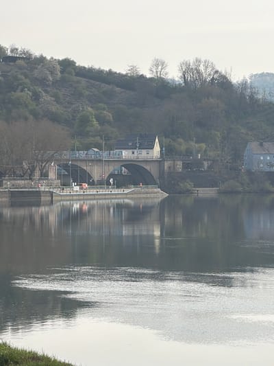 The photograph captures the Moselle River near Wasserbillig, Luxembourg, reflecting the arch bridges of the B51, the Bundesstraße 51, or Federal Highway 51 that connects Trier and Bitburg. The river's surface has areas of rippling, and the hills on the Luxembourgish side of the border are sparsely wooded. The photo is shot from near the water level, possibly from across the border in Germany.