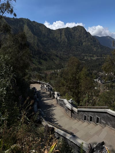 In Cemorolawang, Indonesia, a scenic view captures a wide landscape from a high vantage point. In the foreground, a grand stone staircase with ornate grey stone railings descends. The staircase is flanked by lush green vegetation, with dried grasses and small white flowers in the lower left and right corners, and branches of evergreen trees framing the top of the scene. Beyond the staircase, the midground reveals a densely forested valley with a winding road and scattered small buildings. The background is dominated by large, verdant mountains under a bright blue sky dotted with fluffy white clouds. The lighting suggests it is daytime, likely mid-morning or afternoon, with the sun casting shadows across the staircase. There are no people or animals visible in the image.