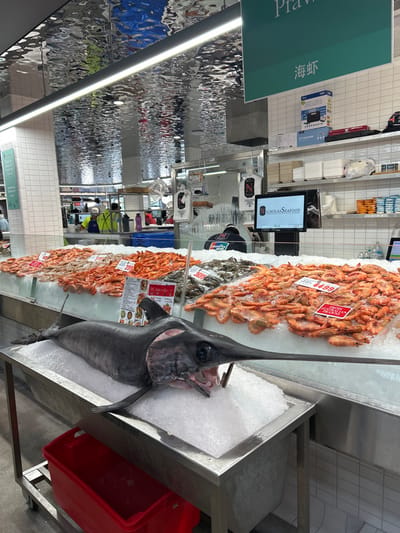 A tilted perspective showcases a seafood display at a market. A large swordfish rests on ice in a stainless steel tray, positioned next to a red plastic bin. Adjacent to the swordfish are mounds of orange shrimp, labeled with price tags. In the background, reflections on the ceiling create a distorted mirror effect. A digital display with the text "CIBOLAS SEAFOOD" is visible above the shrimp. A green sign with lettering is partially visible at the top-left corner.