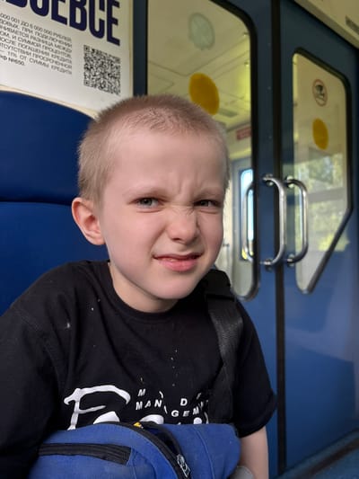 A medium close-up shot captures a young Caucasian boy, approximately 5-8 years old, inside what appears to be a public transport vehicle located in Красная Поляна, Russia. The boy is centered in the frame, making a distinctive, scrunched facial expression, characterized by a wrinkled nose, narrowed light-colored eyes, and slightly parted lips revealing some teeth. His short, light-blonde hair is visible. He is dressed in a black short-sleeved t-shirt featuring a partially visible white graphic print on the chest, which includes the fragmented words "F M MAN G". A black strap, consistent with a backpack or shoulder bag, crosses his right shoulder, leading to a blue bag resting on his lap, secured by a visible black zipper.
The background to the boy's left consists of a royal blue upholstered seat or wall. Above his head, a white sign with black Russian text and a QR code is partially visible. The text includes financial figures and terms, notably "000 001 ДО 6 000 000 РУБЛЕЙ" and the large word "ВСЁ" (VSE) at the uppermost edge. To the boy's right, two large, vertical windows with dark blue frames are visible, suggesting a door or partition. Two silver, curved grab handles are prominently affixed to the right window panel. Through the windows, blurred green foliage and bright sunlight indicate an outdoor environment, suggesting the vehicle is either moving or parked outdoors. Yellow circular stickers are present on the windowpanes.