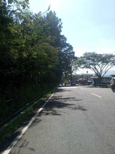 The image displays a daytime outdoor scene on a paved road in Ka Thaung (Upper), Myanmar. The road, appearing to be asphalt, extends from the foreground into the midground, featuring a solid white line delineating its left edge and a yellow dashed line further right, likely marking a lane division. Multiple tree shadows are cast across the road surface. To the left, a steep, heavily vegetated embankment or hillside rises, covered in dense green foliage, including trees displaying sparse red-orange blossoms. A narrow concrete drainage gutter runs along the base of this embankment. In the midground and extending into the background on the right, a cluster of rudimentary structures with corrugated metal roofs suggests a small settlement or commercial area. Several vehicles are present: multiple motorcycles, some with visible riders, and at least one dark-colored sedan. Individuals are visible near these structures and vehicles, though specific actions or interactions are not clearly discernible due to distance. The background features distant hills or mountains under a clear, bright blue sky with minimal cloud cover, indicating sunny conditions.