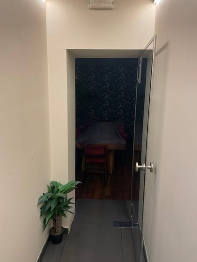 The image displays an interior scene, viewed from a light-colored corridor looking into an adjacent room through a clear glass partition or door. The corridor features light, possibly cream or off-white walls and a dark gray floor. On the left wall of the corridor, a small rectangular device with multiple green indicator lights is mounted, resembling an alarm panel or an emergency light fixture. In the foreground, on the right side of the corridor floor, a potted artificial plant with spiky green leaves and a brown stem is visible.
The glass partition separating the spaces is clear, with visible silver-colored metal hardware. On the left side of the glass, there are silver hinges, and in the center, a distinctive silver dumbbell-shaped handle is attached.
Beyond the glass, the room's interior features a dark wall covering or wallpaper with a repeating leafy or organic pattern. The floor in this room is made of warm-toned wooden planks. Furniture includes a red armchair or lounge chair, partially covered with a light-colored throw or blanket, and another dark-framed chair or table visible next to it.
The scene is static, with no human figures or ongoing activity. The lighting appears to be artificial, typical of an indoor setting. The overall impression is one of a clean, modern, and well-maintained space. No text is visible in the image. The location context provided is Chaidari, Greece.
