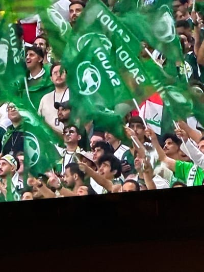The image depicts a crowd of people, mostly men, in what appears to be a stadium or large gathering, possibly a sporting event. Many individuals are holding and waving green flags, some of which have white Arabic script on them. Some of the flags also feature a white emblem of a palm tree and swords, which is the national emblem of Saudi Arabia. The people are of various ages and ethnicities, and many are looking upwards or towards the front, suggesting they are watching an event. The atmosphere appears to be energetic and celebratory, with some individuals wearing team colors or holding up their arms. The image is a still from a video or photograph taken from a slightly elevated viewpoint. The location in the city of Bykovo, Russia, is not discernible from the visual information provided in the image.