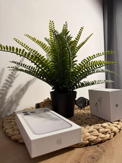 An artificial fern plant in a black pot sits on a woven placemat. To the left of the plant is a white box containing an iPhone, and to the right is a white box with an image of AirPods on it. Two watches are visible behind the plant. The items are arranged on a wooden table against a white wall. The image does not contain information about the city of Sosnowiec, Poland.