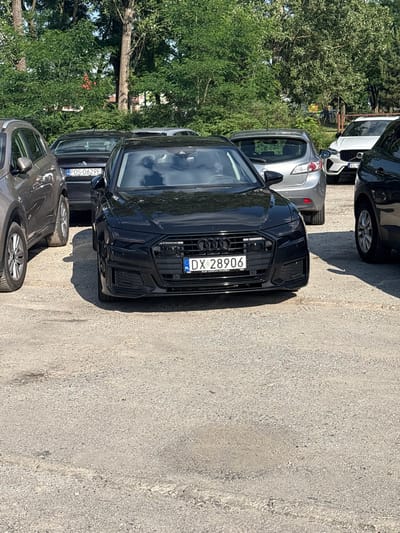 A black Audi sedan is parked in a gravel lot with several other vehicles visible in the background. The Audi has a license plate that reads "DX 28906" and "Audi Centrum Wrocław" below it. To the left of the Audi is a dark-colored sedan with a license plate reading "POS 0629E". To the right of the Audi, a silver hatchback is parked, and further back, a white SUV with a license plate beginning "EL 9" is visible. A gray SUV is parked to the far left of the frame. The background is filled with lush green trees and foliage, suggesting a natural or park-like setting. The lighting indicates it is daytime.