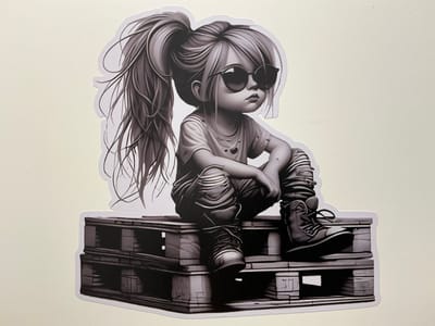This is a grayscale image of a sticker featuring an illustrated young girl with a high ponytail and sunglasses, sitting on top of a stack of wooden pallets. The girl is depicted in a relaxed, somewhat rebellious pose, with her legs crossed and arms resting on her knees. She is wearing a t-shirt, ripped jeans, and combat boots. The artistic style is reminiscent of a stylized, somewhat edgy cartoon. The background is a plain, light-colored surface, suggesting the sticker is placed on a wall or other flat object. There is no visible text within the image itself. The overall mood conveyed is one of cool confidence and attitude. The setting appears to be an indoor or outdoor environment where wooden pallets might be found, though specific location cues are absent beyond the provided context of Bielefeld, Germany. There are no indicators of time of day or weather conditions.