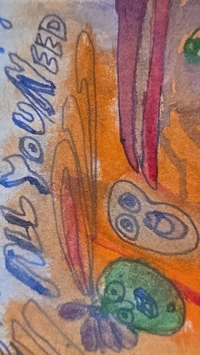 The image displays a watercolor and ink artwork on textured paper, observed in the city of Lompoc, United States. The artwork, oriented vertically, features a base of earthy orange and brown washes. On the left, partially legible blue handwritten text spells "ALL YOU NEED". To the right of the text, several vertical, wavy lines rendered in brown and light red are present. In the upper center, two distinct, vertical, abstract forms appear: one purple and one reddish-purple. The mid-right contains a light grey, ovoid shape outlined in dark grey, internally marked with two concentric blue-grey circles and an additional blue-grey oval. Directly below this, a prominent green ovoid, also dark-grey outlined, shows multiple internal concentric circles and a central blue-grey oval with a cross-hatch pattern. A purple, abstract multi-lobed form suggestive of a moth or flower is attached to the left side of the green ovoid. A thin red horizontal line extends from the lower right edge into the composition. No individuals, animals, or identifiable real-world structures are depicted. The paper surface displays visible fibrous texture.