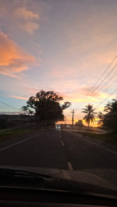 A road scene in Keudealuerheung, Indonesia, captures a sunset with vibrant orange and pink hues across the sky, contrasting with the blue and grey tones. The road ahead is marked with a white line, suggesting a two-lane highway. On the left, a large, dense tree dominates the landscape, with a long, dark building or structure visible behind it. Power lines crisscross the sky, supported by utility poles. To the right, a solitary coconut palm tree stands against the bright sunset. Further down the road, two dark figures, possibly animals, are visible on the right shoulder. The foreground shows the dashboard and windshield of a vehicle, indicating the perspective of a driver or passenger. The overall impression is a serene, yet somewhat isolated, rural or semi-rural setting at dusk.