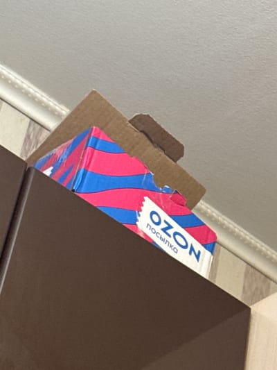 A partially visible cardboard box with the Russian e-commerce company OZON's logo and the word "посылка" (parcel) in blue text on a white label with a pink and blue striped design is partially obscured by a brown surface. The box appears to be resting on or near a light-colored surface, possibly a table or shelf, next to a white wall and decorative moulding. The photograph's perspective is from a slightly elevated angle. The location is likely Novo-Nikol'skoe, Russia, based on the prevalence of OZON deliveries there.