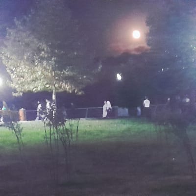 An outdoor night scene in Rudəkənar, Azerbaijan, is depicted, with a bright moon dominating the upper right portion of the frame, partially obscured by clouds. In the mid-ground, several individuals are visible, some standing and others walking. To the left, a trash receptacle is present. The ground in the foreground and mid-ground is covered with grass and sparse vegetation. Trees with leafy branches are scattered throughout the scene, with some illuminated by artificial light sources, contributing to the overall dim illumination. The image captures a moment of quiet activity under the moonlight.
