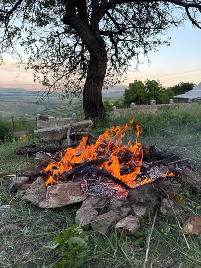 A campfire burns brightly in a grassy, outdoor setting with a large tree in the background. The fire is surrounded by stones and logs, and embers glow red in the ashes. Beyond the immediate area of the campfire, the landscape slopes downwards, revealing rolling hills and a distant valley. In the far distance, a hazy cityscape or town is visible under a pale sky, hinting at the location being near a populated area. The overall scene suggests a rustic and natural environment, possibly a park or a rural campsite, consistent with the outskirts of Arzakan, Armenia.