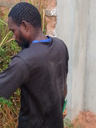A man with dark skin and short black hair stands outside next to tall green grass and a concrete wall. He is wearing a dark blue t-shirt with a blue neckline. He has a short beard and is holding a green object in his right hand. His head is slightly turned to the left. The background includes a rough, exposed brick section where the concrete wall has broken away.