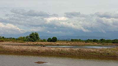 The image depicts a natural landscape in Pasi ie Leubeue, Indonesia. In the foreground, there is a body of water with a muddy bottom. Beyond the water, there is a flat, dry area with patches of short grass and dirt. Further in the background, a line of trees stretches across the horizon, with some larger trees in the mid-ground. Behind the trees, a mountain range is visible, fading into the distance. The sky is overcast with dramatic, grey clouds. The scene appears to be undeveloped and rural.