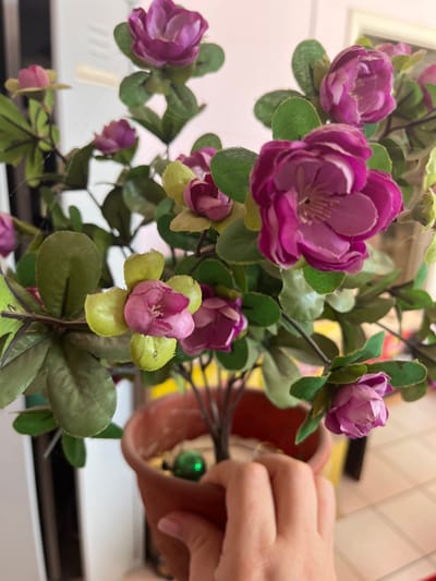 The image displays a close-up, indoor view of an artificial potted plant, assumed to be located in Кез, Russia. A light-skinned human hand is grasping the lower right side of a standard terracotta-colored pot. The pot contains a light-colored granular material, with a small, reflective green spherical object partially embedded within it. The artificial plant features multiple clusters of fabric flowers in shades of purple and magenta, interspersed with green fabric leaves. Fine white strands resembling cobwebs are visible on several leaves and stems. The background is blurred, revealing indistinct light-colored surfaces and a vertical white object on the left, consistent with an interior environment.