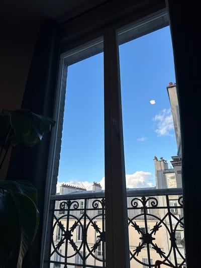The image depicts an interior view looking out a window onto an urban streetscape in Saint-Ouen-sur-Seine, France, under a clear blue sky with scattered white clouds. The window, framed by dark curtains and an interior dark wall, consists of two vertical panes with white sashes. A large, dark green leafy plant is partially visible in silhouette on the left foreground. Beyond the window, an ornate, dark wrought-iron balcony railing with circular and scroll motifs is positioned at the lower half of the frame. In the middle distance, traditional multi-story stone or stucco buildings with numerous chimneys on their rooftops are visible, characterized by light-colored facades and regularly spaced windows. A small, light-colored, irregular oval object or reflection is present in the sky, slightly right of the central vertical pane. The exterior scene is brightly lit, contrasting with the shadowed interior elements.