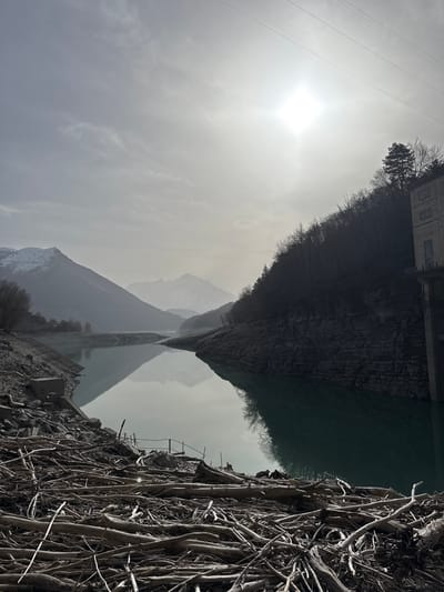 The image depicts a panoramic view of the Lac du Sautet reservoir located near Corps, France. The scene is observed under an overcast, grey sky with a prominent, bright sunburst visible in the upper right quadrant, creating a diffused light. Power lines traverse the upper portion of the sky.
In the background, layered mountain ranges recede into a haze, with the peaks of the leftmost range exhibiting patches of snow. The central and lower-middle portions of the image are dominated by the calm, reflective waters of the reservoir, displaying a muted blue-green hue. The water's surface reflects the surrounding mountains and sky.
The immediate foreground on the left side features a dense accumulation of light-colored driftwood, branches, and logs, covering rocky, exposed ground indicative of low water levels. A concrete structure is partially visible along this shoreline, and a small, weathered wooden platform with railings extends towards the water further along the bank.
The right side of the image is characterized by a steep, dark hillside densely covered with deciduous trees, appearing bare of foliage, suggesting a colder season. A multi-story, light-colored industrial-style building, consistent with a dam facility (e.g., a power station or control structure), is situated on the lower slope of this hill, directly above the water. A single, taller conifer tree stands prominently on the upper part of the hillside above the building.
No individuals or animals are present in the observable scene.